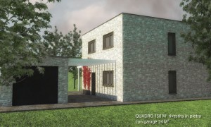 BiHolz Casa Quadro prefabbricata in legno rivestita in pietra con garage