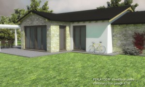 BiHolz Casa Perla prefabbricata in legno rivestita in pietra con garage