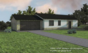 BiHolz Casa Perla prefabbricata in legno rivestita in pietra con zoccolatura e garage