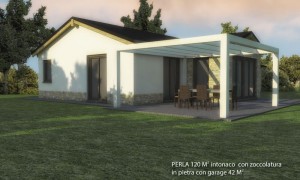 BiHolz Casa Perla prefabbricata in legno rivestita in pietra con zoccolatura e garage