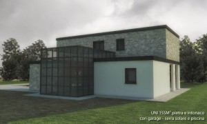 BiHolz Casa Uni prefabbricata in legno rivestita in pietra e  intonaco con garage, serra solare e piscina.