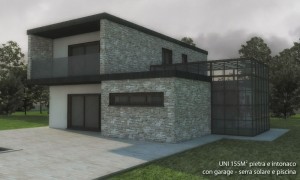 BiHolz Casa Uni prefabbricata in legno rivestita in pietra e  intonaco con garage, serra solare e piscina.