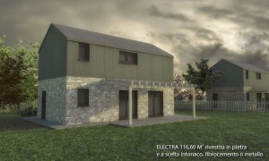 BiHolz Casa Electra prefabbricata in legno rivestita in pietra e a scelta intonaco, fibrocemento, larice e metallo