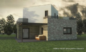 BiHolz Casa Kubica prefabbricata in legno rivestita in larice, pietra e  intonaco.