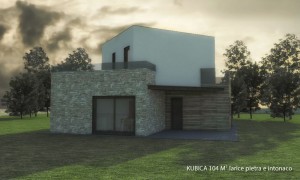 BiHolz Casa Kubica prefabbricata in legno rivestita in larice, pietra e  intonaco.