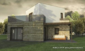 BiHolz Casa Kubica prefabbricata in legno rivestita in larice, pietra e  intonaco.